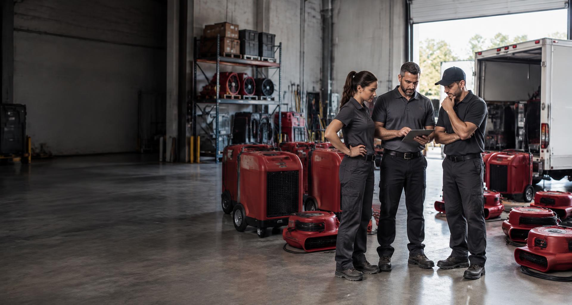 Restoration professionals reviewing a job in a warehouse of drying equipment